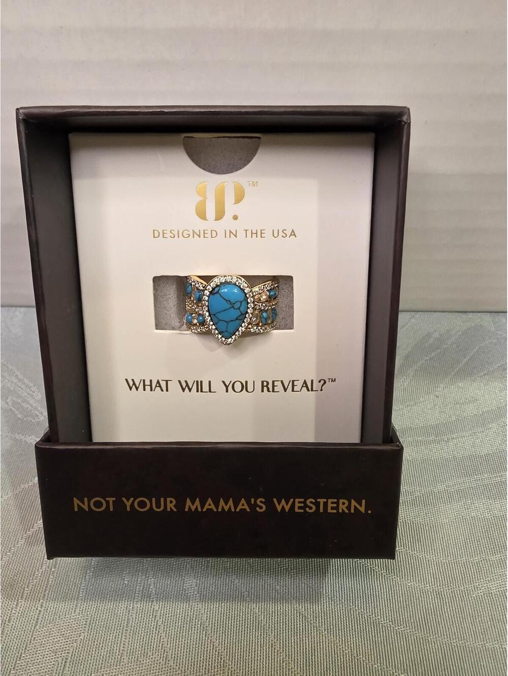 Outlaw Prairie Moon Turquoise Magnetite & Diamond Cubic Zirconia Ring Size 6